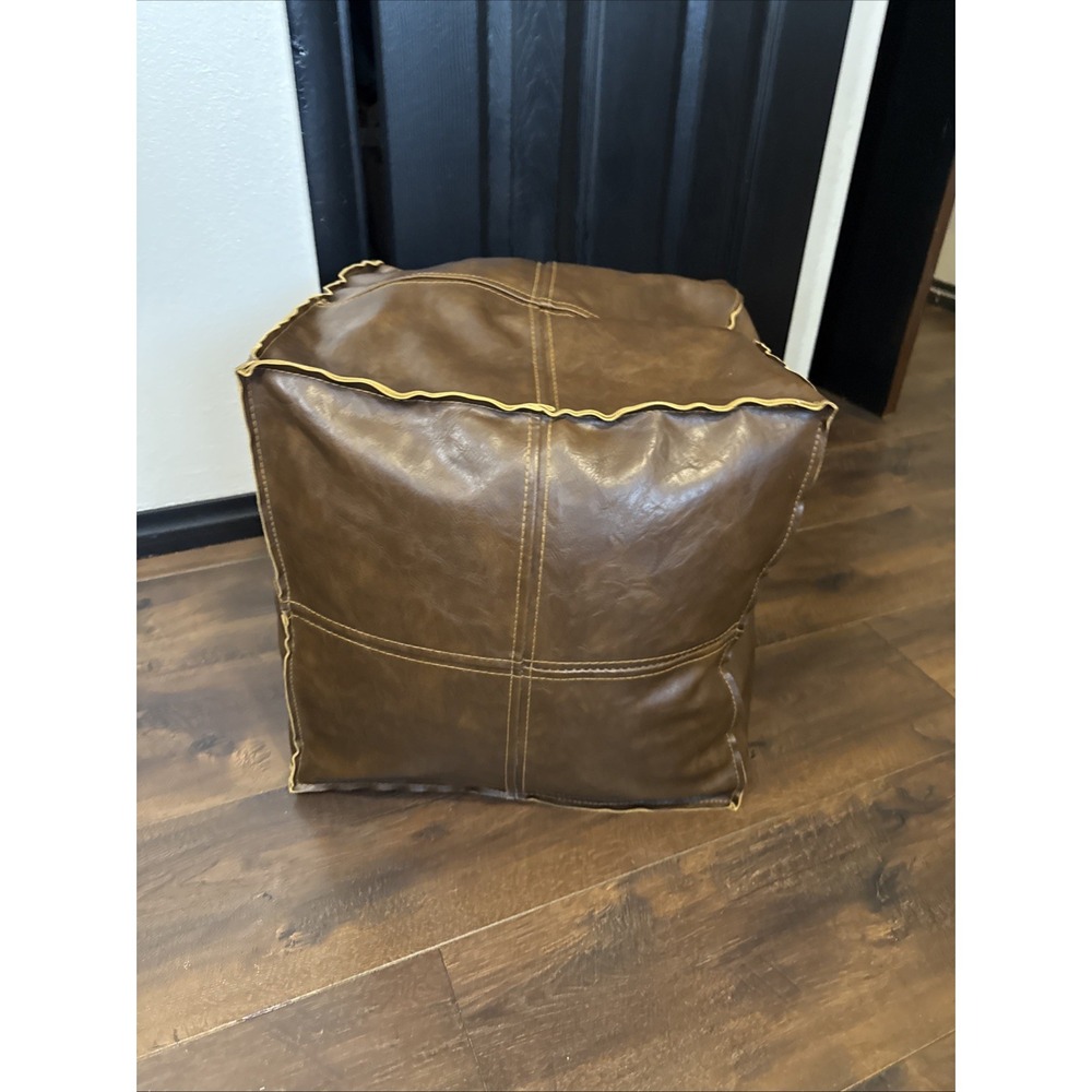 Ottoman Footstool Brown Faux Leather 16x16 Cube‎ Detail Zipper Not Stuffed